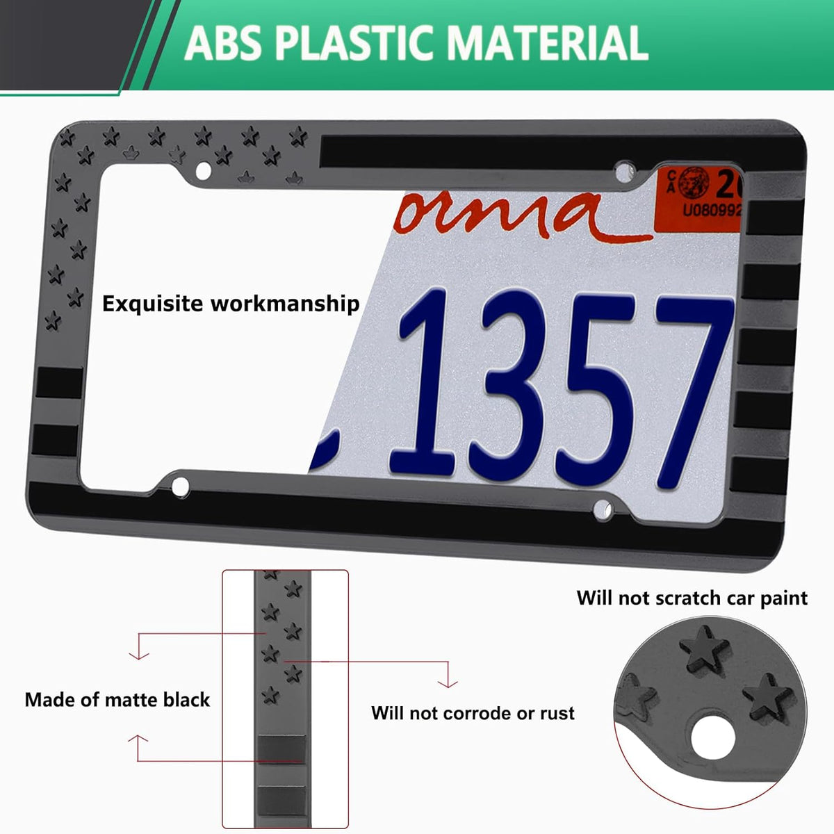 Black American Flag License Plate Frame- Front Rear Patriotic USA ‌Car Tag Frames, 2 Pack 4 Hole Subdued 3D Embossed Stars and Stripes Plastic Holder with Mounting Hardware Kit