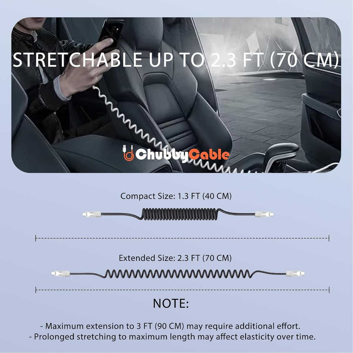 chubbycable Curly Chubby - Retractable Fast Charging Cable 240W Coiled Charger Cord for Car Durable USB-C Cable for Phones, Tablets and More, Black+Black, USB-A to Type-C, 1.3FT-2.3FT