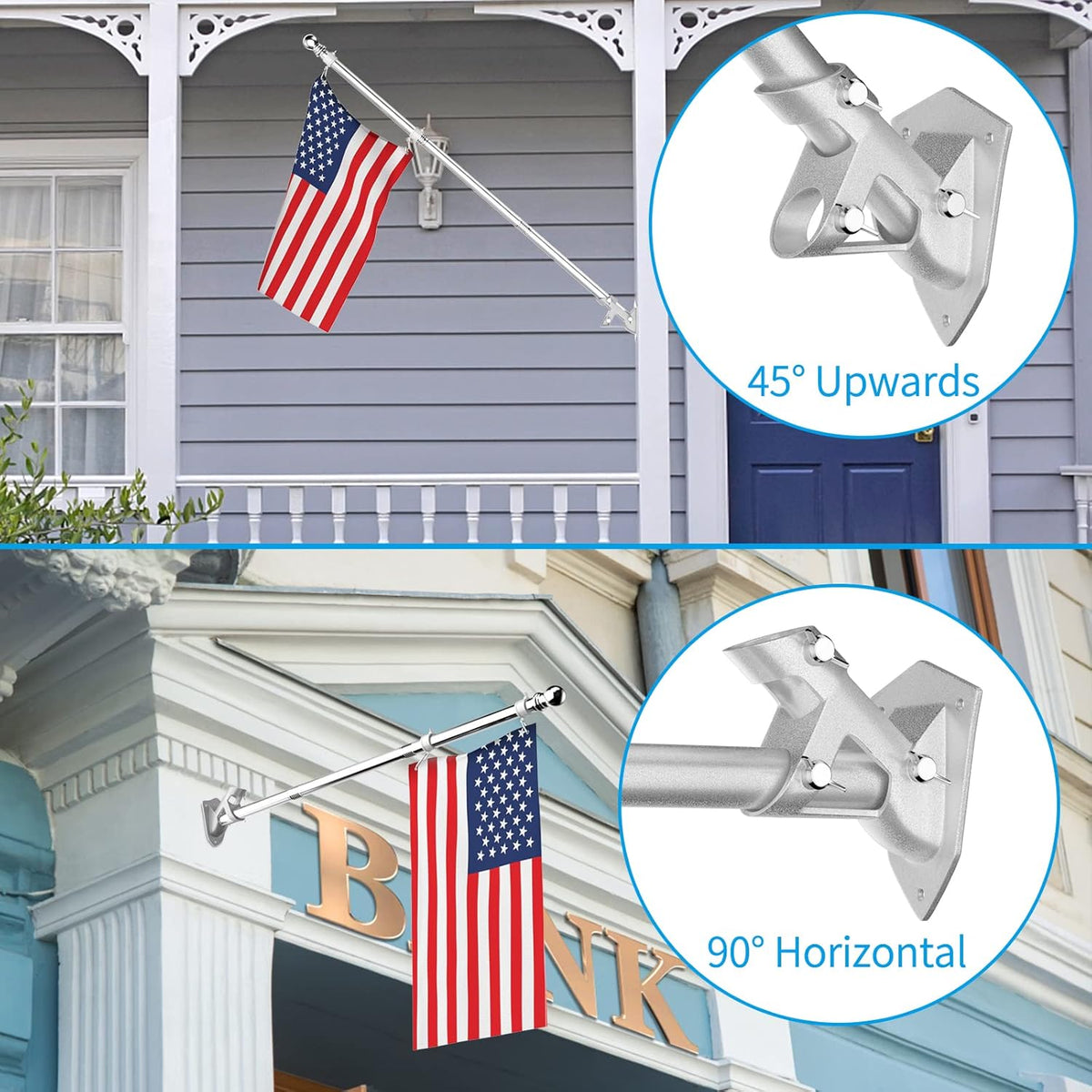 ZMTECH Flag Pole - Upgraded Bracket, 6 FT Stainless Steel Flag Poles for Outside House, Residential or Commerical, Tangle Free Flag Pole Kit for American Flag (Without Flag, Silver)