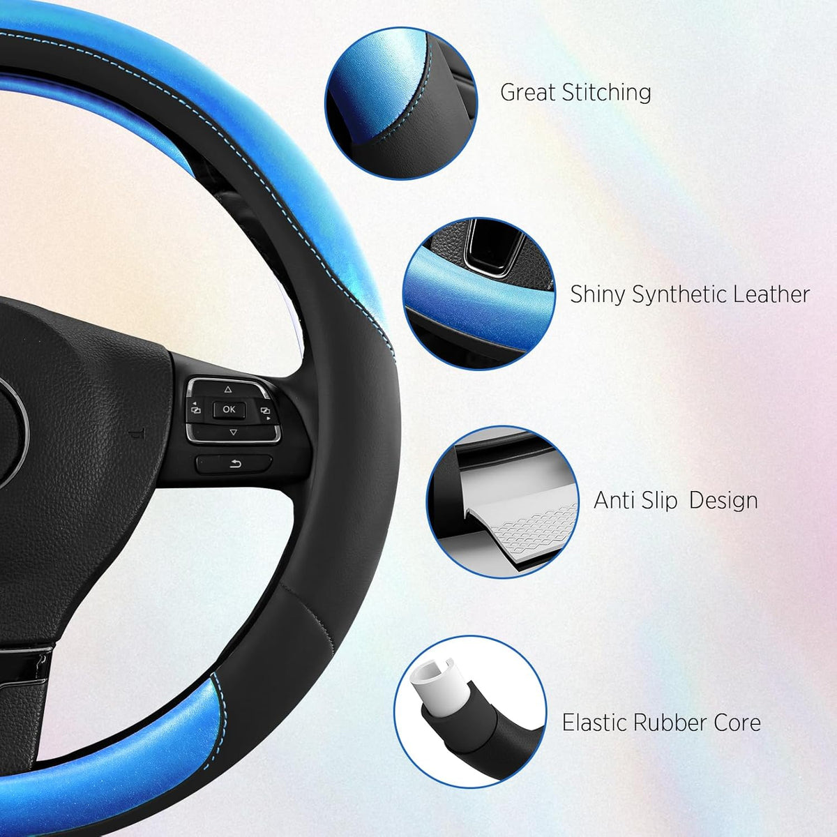 Road Comforts Steering Wheel Cover – Breathable Leather Steering Wheel Cover, Anti-Slip Grip, Universal Fit 14.5” to 15”, Heat & Cold Resistant for Cars, SUVs, and Trucks – Black & Dark Blue