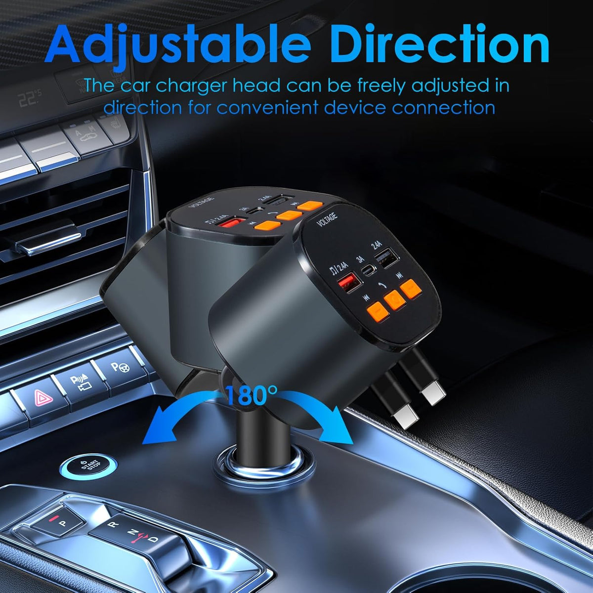 Retractable Car Charger,5 in 1 Fast Car Phone Charger 90W,Bluetooth 5.3 FM Transmitter Adapter,Handsfree Call,2 Retractable USB-C Cables and USB Cars Chargers for iPhone 16/15/14/13/12/11,Galaxy,Pixel