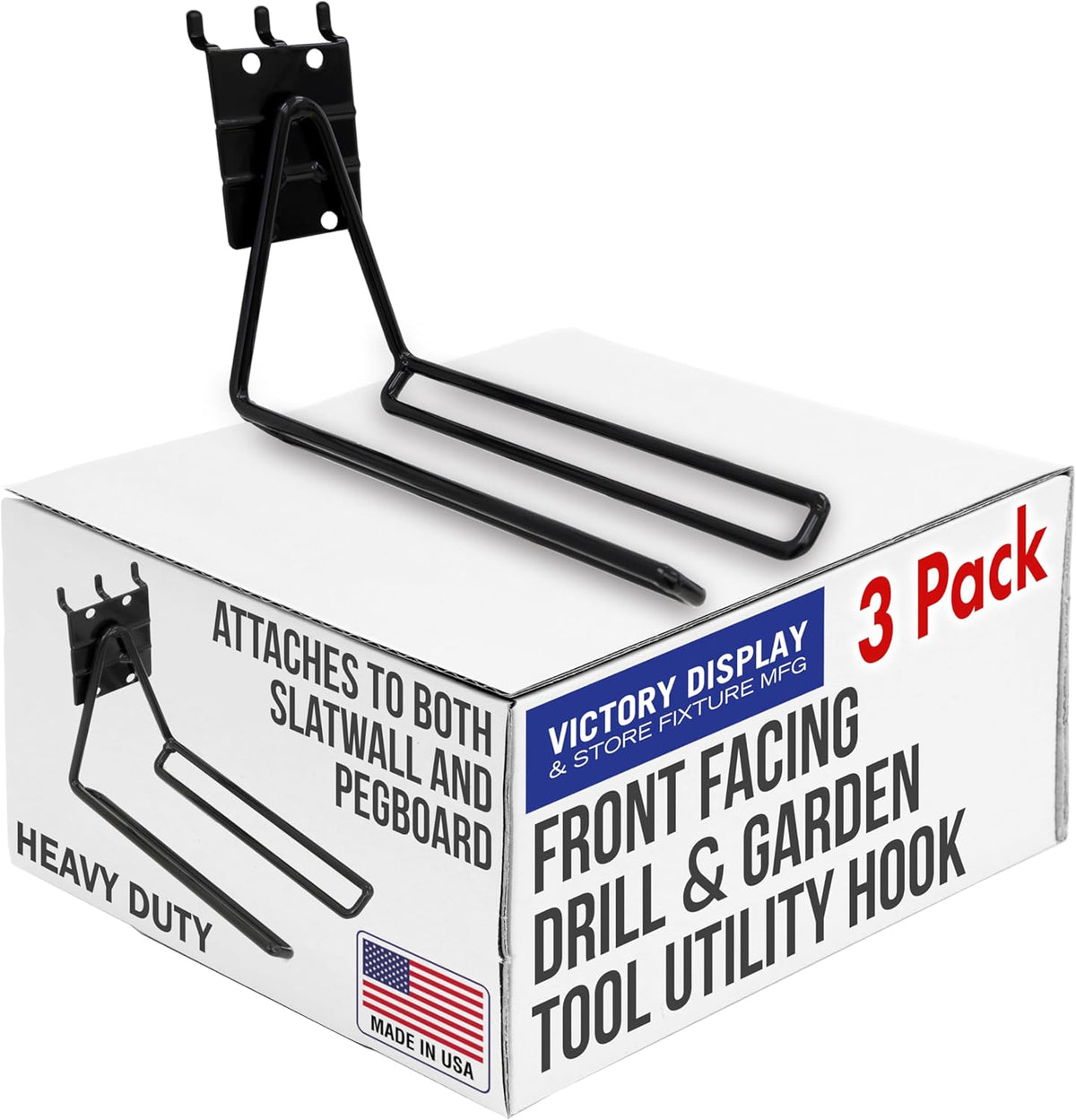 Victory Display Heavy Duty Garage Hooks | for Tools, Ladders, Garden Equipment | Fits Pegboard & Slatwall | Storage Hook for Hanging | Shed Wall Organizer for Tool Rack, Garage Wall Hangers | 3-Pack
