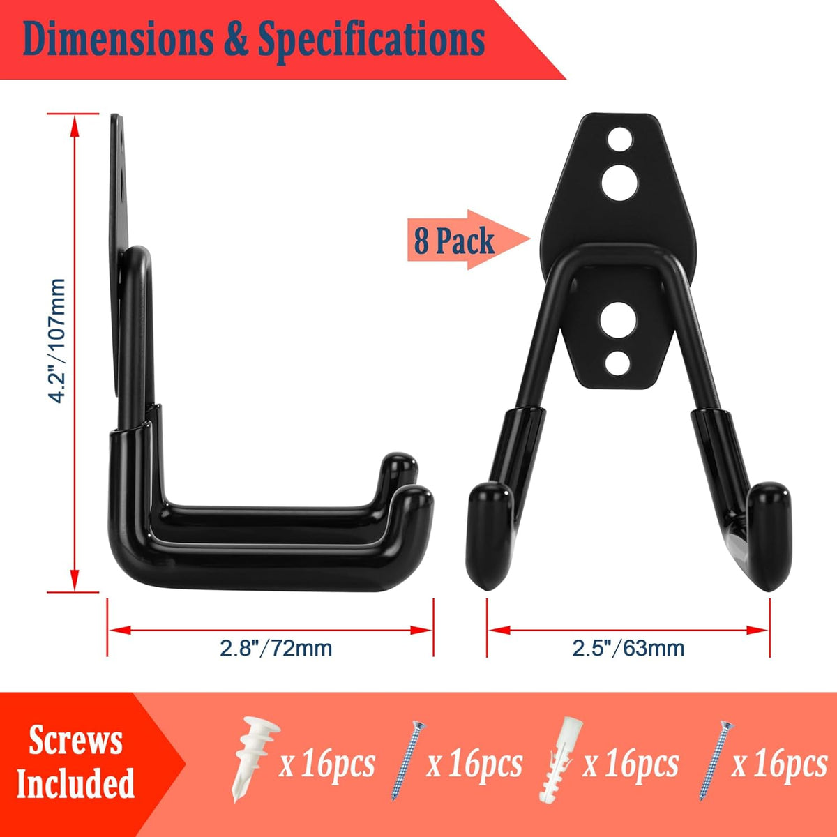 8 Pack Garage Hooks, Garage Tool Organizer Wall Mount, Heavy Duty for Utility Organizer, Steel Utility Garage Hooks for Ladders, Garden Tools, Bike