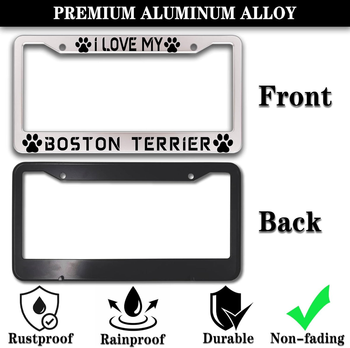 License Plate Holder Black and White License Plate Frames I Love My Boston Terrier Aluminum Metal Car Accessory 2 Pack with Screw Covers Set