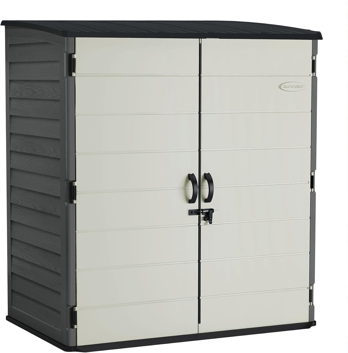 Suncast Extra-Large Vertical Storage Shed for Yard Storage, All-Weather Outdoor Storage Shed with 2 Lockable Doors, 70.5" W x 44.25" D x 77.5" H, Peppercorn, Made in The USA