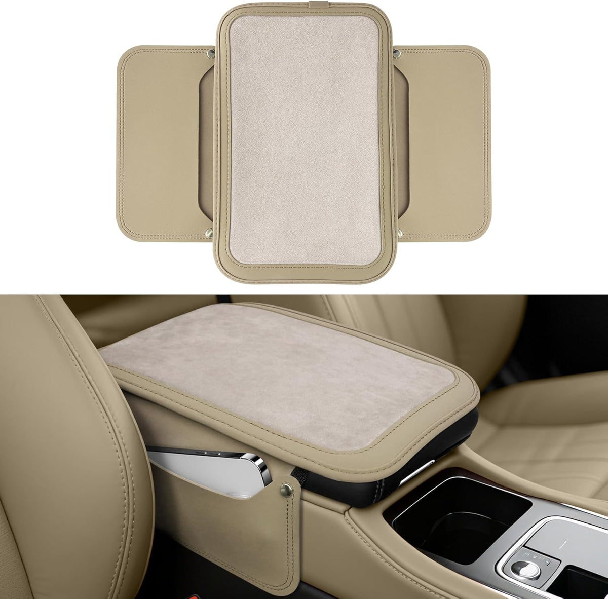 SINGARO Car Leather Center Console Cover with 2 Storage Bags, Universal Furry Fluffy Car Armrest Seat Box Pad, Comfortable Car Interior Accessories, Fits for Most Vehicles (White)