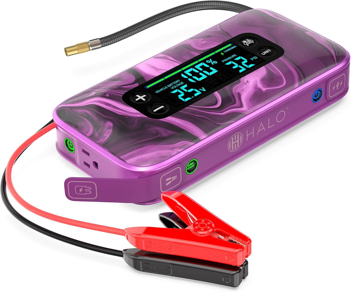HALO Bolt Ultimate 3 Portable Car Battery Jump Starter | 130 PSI Air Compressor, 55.5Wh USB Power Bank, Large Display, Emergency Floodlight & Charger, Jumps Cars SUVs & Trucks, Inflates Tires — Purple