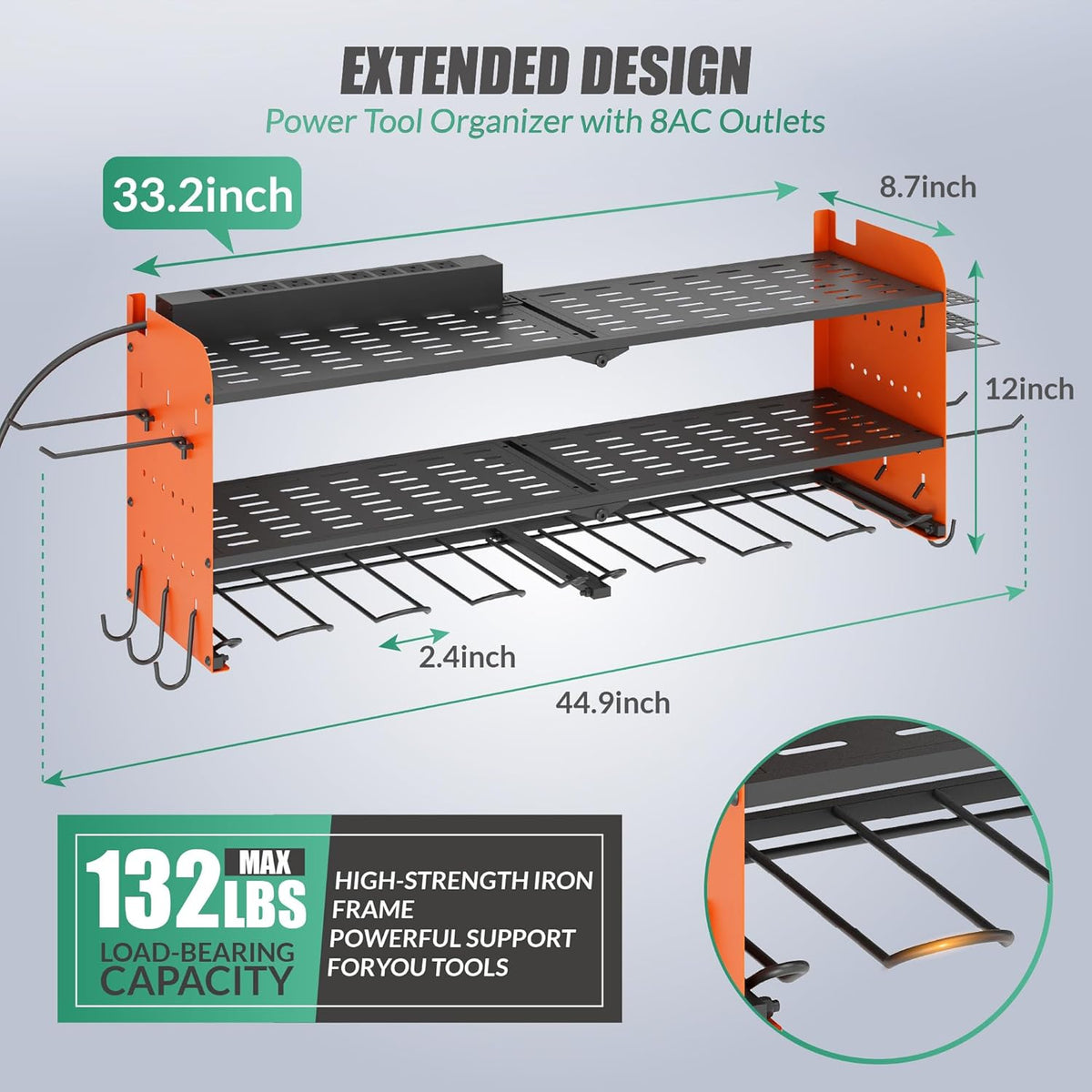 Suchtale Power Tool Organizer with Charging Station,33.2''Garage 8 Drill Holders Wall Mount,3 Layers Heavy Duty Metal Tool Shelf with 8 Outlets Power Strip, Gift for Men, Father, Orange