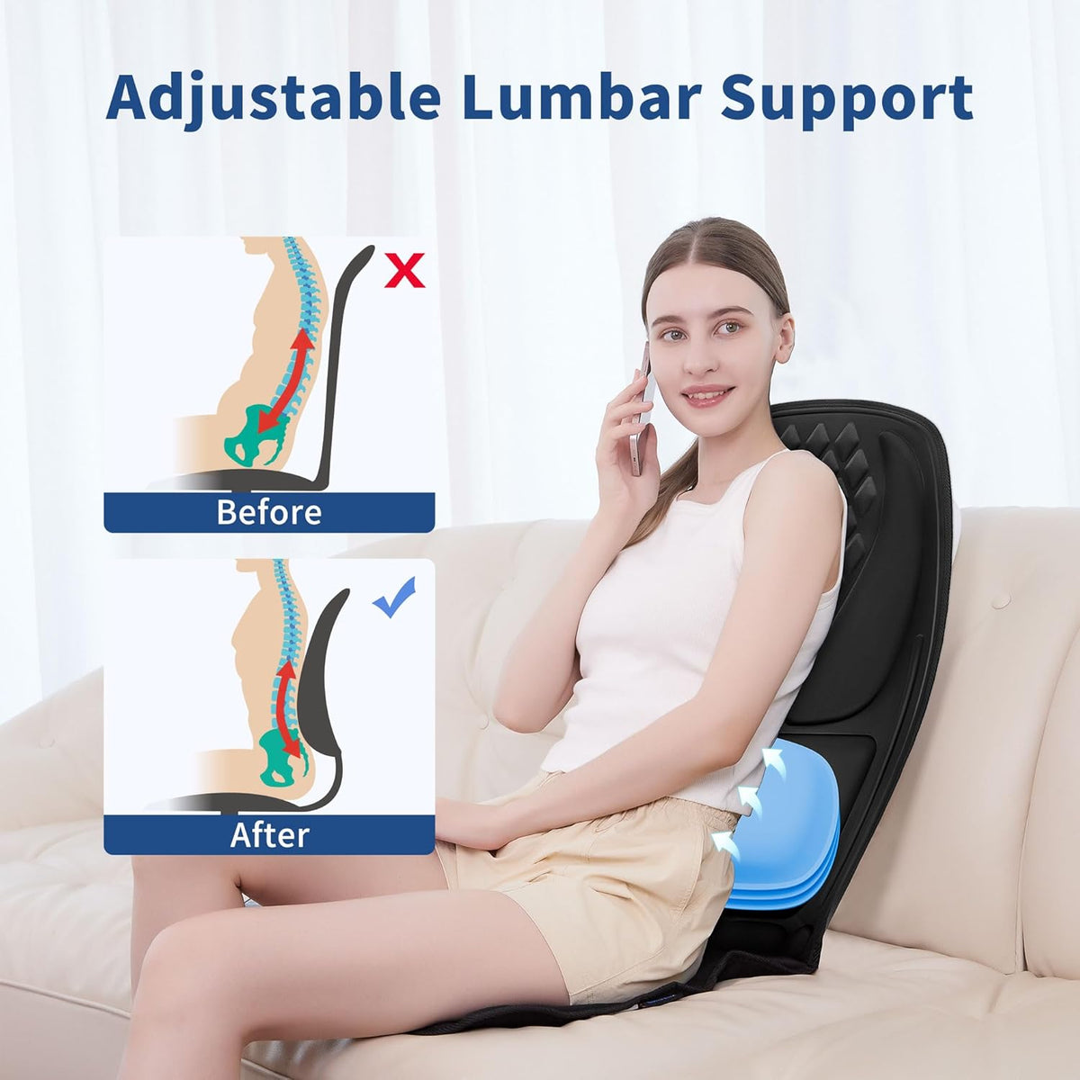 Back Massage Chair Pad with 3D Lumbar Support, Electric Back Massager for Pain Relief, Massage Seat Cushion with 3 Vibration Intensities & 2 Heat Levels
