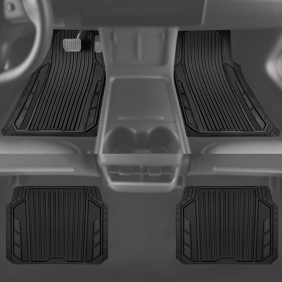 CAR PASS Heavy Duty Sporty Rubber Car Mats, Deep Dish All Weather Car Floor Mats Full Set, Waterproof Anti-Slip Automotive Matts Rugs Trim to Fit for Most Sedans SUVs Vans, All Black