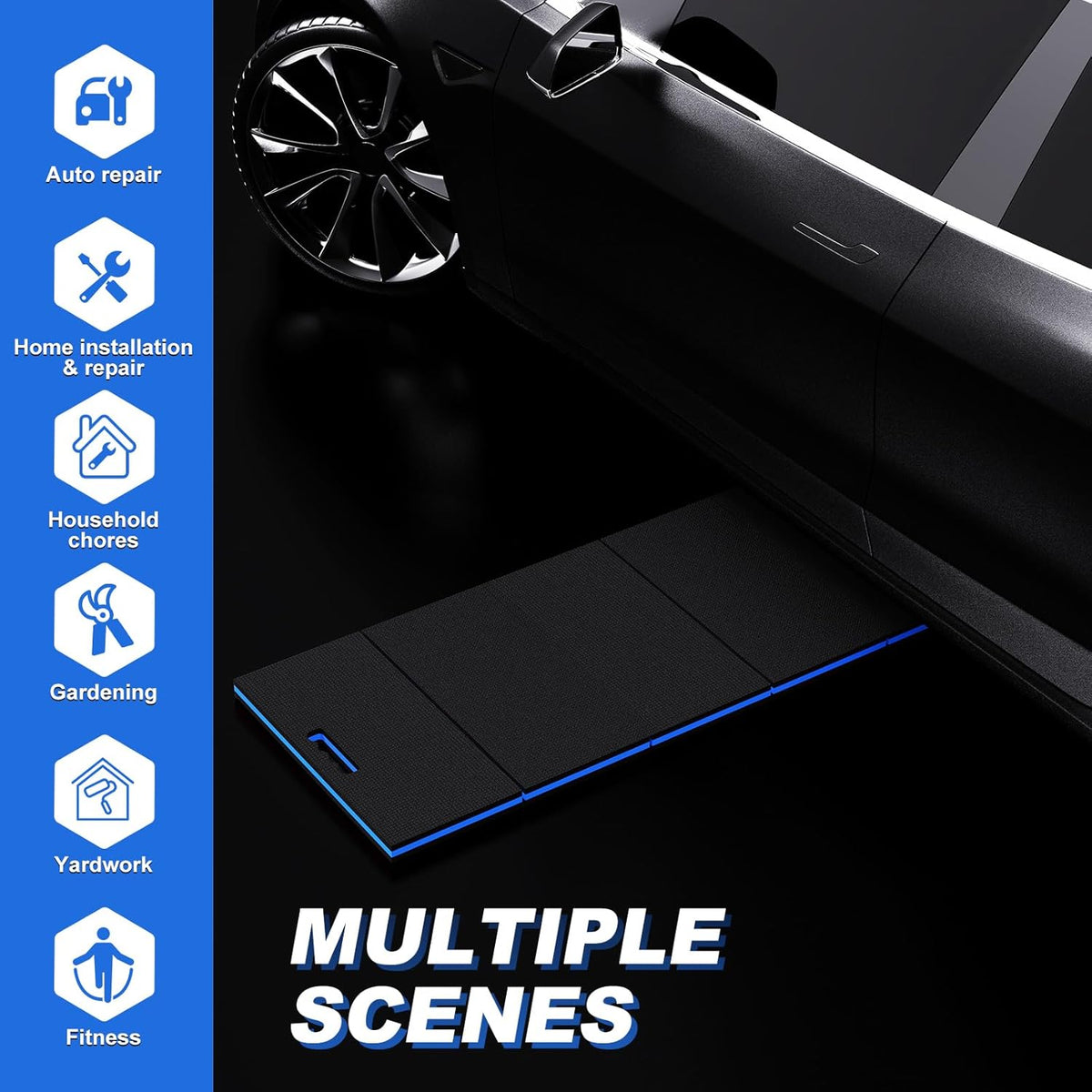 Thick Mechanic Mat, Foldable EVA Mat with Magnetic Tool Compartments, Waterproof Mechanic Kneeling Pad with Handle for Garage Workshop Repairing Gardening, 46.5" x 15.8" x 1.1 ", Black & Blue