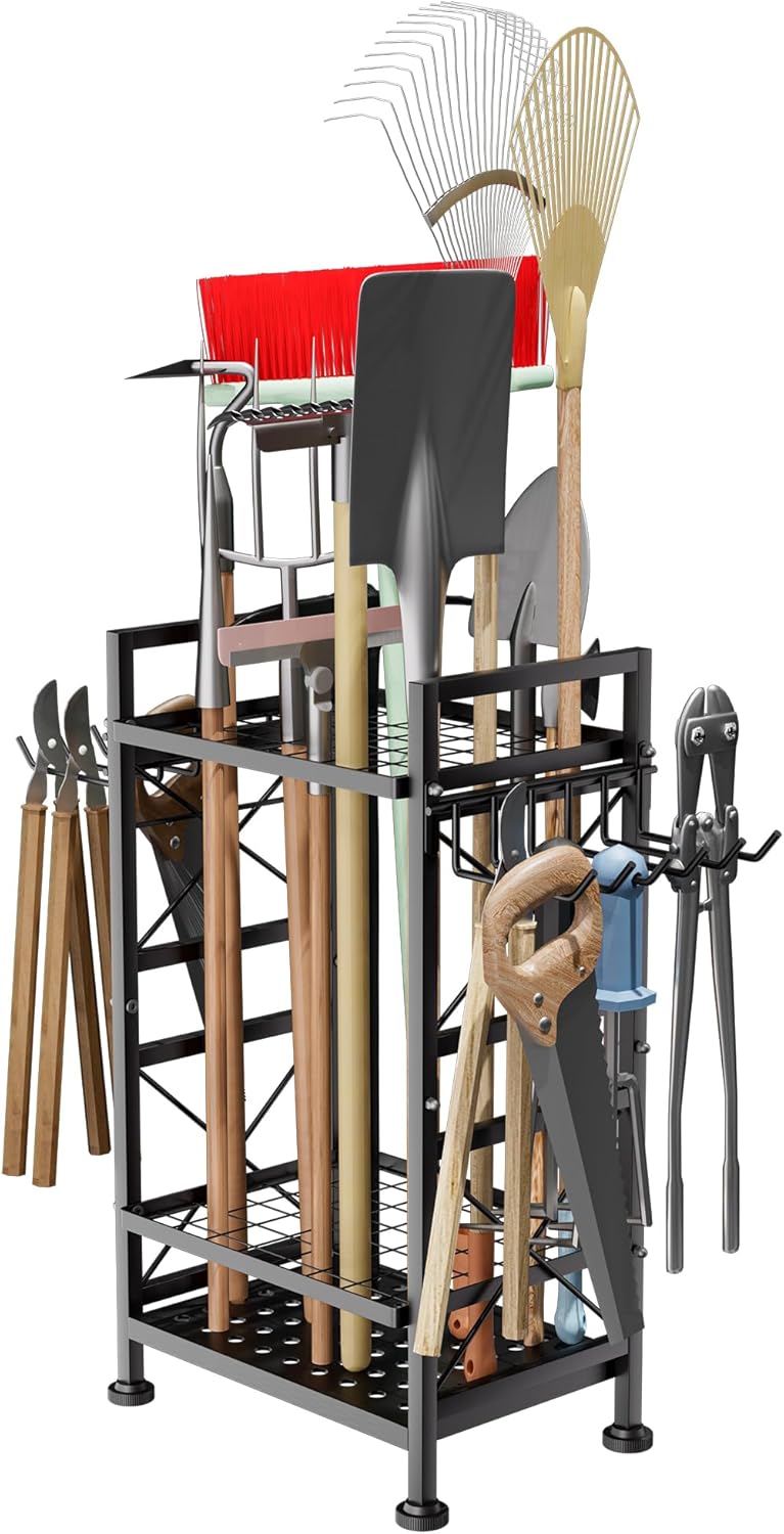 GIOTORENT 3 Tier Metal Garden Tool Organizer - Heavy Duty Yard Storage for Up to 78 Tools, Indoor/Outdoor Garage Patio Shed Organization - Black