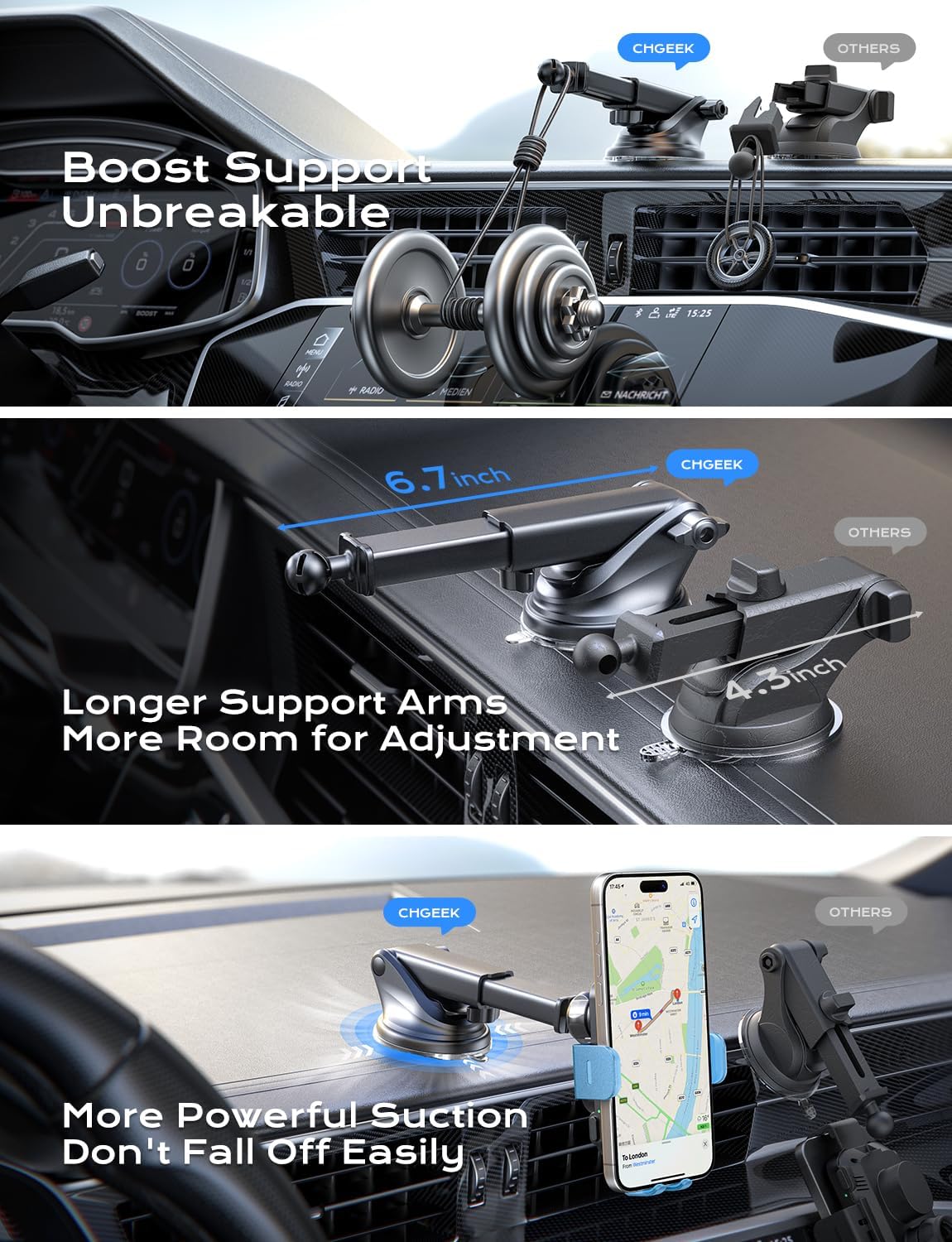 CHGeek Wireless Car Charger, 15W Fast Charging Auto Clamping Car Charger Phone Mount Phone Holder fit for iPhone 15 14 13 12 11 Pro Max Xs, Samsung Galaxy S25 Ultra S24 S23 S22, S21, S20, Cyan