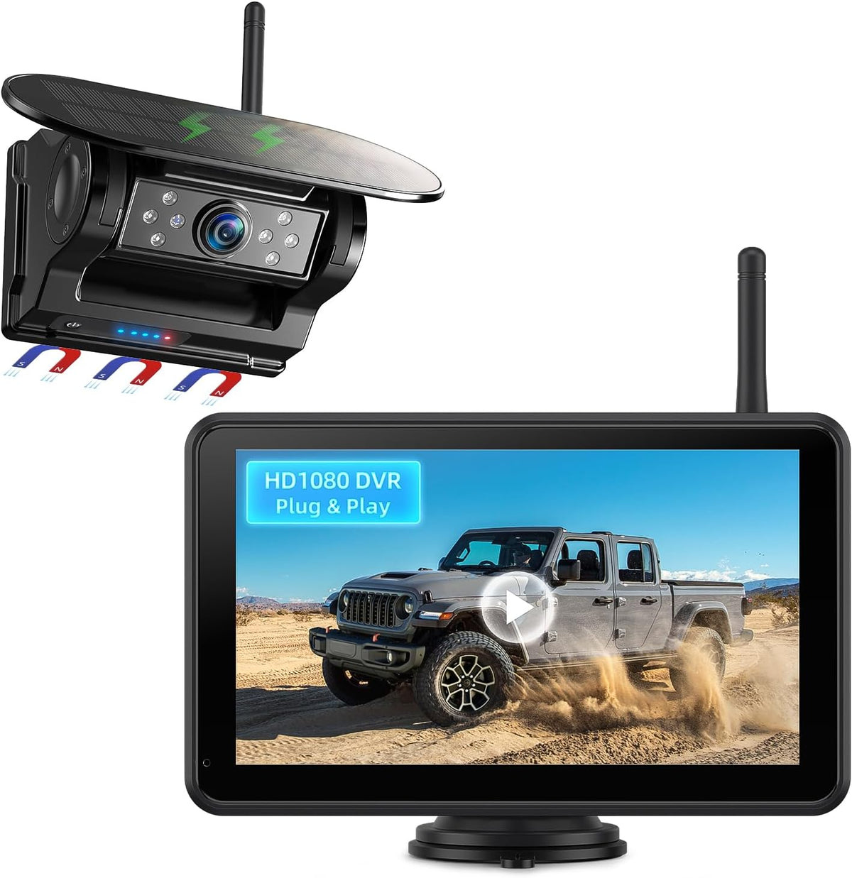 eRapta Magnetic Solar Wireless Backup Camera: HD1080P 7” Touchscreen Portable with DVR, BSD, 1-Min Install-Free IR Night Vision Hitch Backup Camera for Trailer/Truck/Small RV/Camper/Tractor-AWTCM701