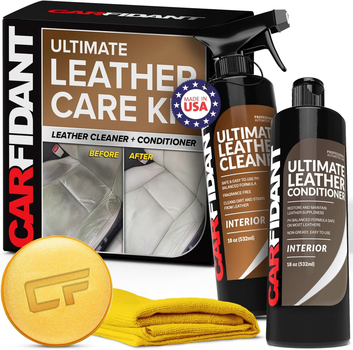 Carfidant Leather Cleaner & Conditioner Kit - Car Seat, Couch, Sofa, Shoes, Bags, Furniture - Restores & Protects - Includes Cleaning Pad & Microfiber Towel - pH Balanced Leather Care
