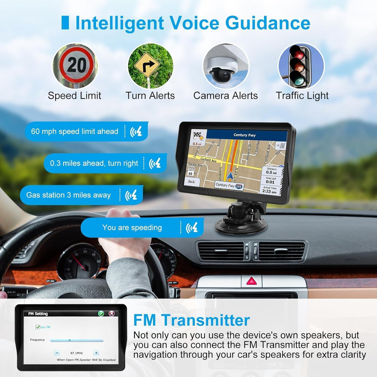 GPS Navigator for Car Truck RV, 9 inch Touch Screen Latest 2025 Map, Real Voice Spoken Turn-by-Turn Direction Reminding Navigation System, Vehicle GPS with Speed and Red Light Warning (1 Bracket)