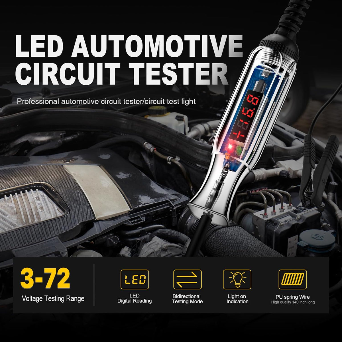 Upgraded 3-72V LED Digital Automotive Circuit Tester, DC Voltage Test Light with Voltmeter & Polarity Indicator Light, Vehicle Circuits Low Voltage Light Tester Pen with Sharp Stainless Probe