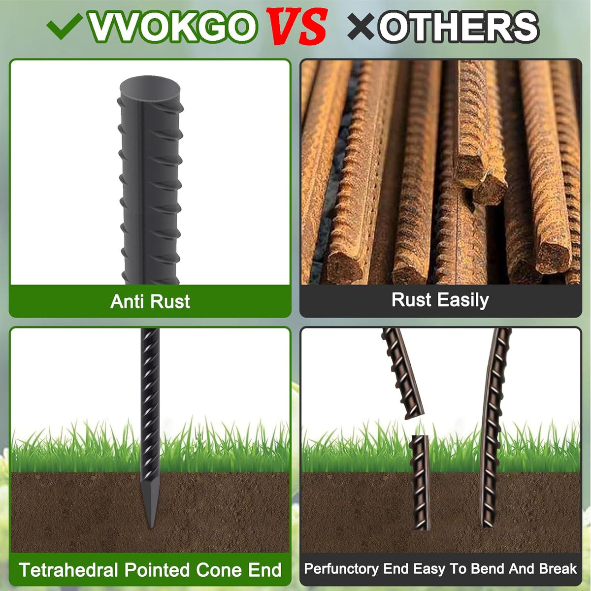 VVOKGO Rebar Stakes 48 Inch 16-Pack Concrete Form Stakes Heavy Duty Straight Ground Anchors, 3/8" Diameter Metal Steel Spikes with Chisel Point End for Plant Support, Garden Border,Landscape Edging