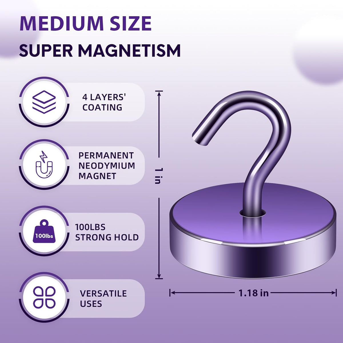 Neosmuk Magnetic Hooks, Cruise Ship Essentials, 100lb+ Heavy Duty Magnetic Hooks for Cruise Cabins, Refrigerator, Grill, Hanging, and Travel | Extra Strong Must-Haves Magnet Hook,Purple