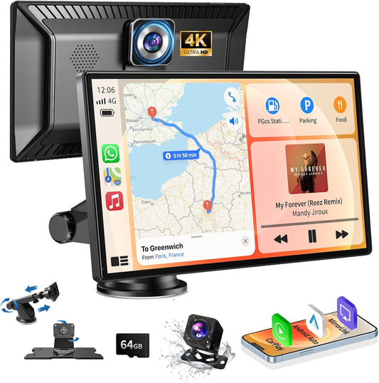 Carplay Screen for Car, 9" Portable Wireless Carplay Screen with 4K Dash Cam, 1080P Backup Camera, Car Stereo for Carplay & Android Auto GPS Navigation/Bluetooth/Mirror Link/Voice Control/AUX/FM/Siri