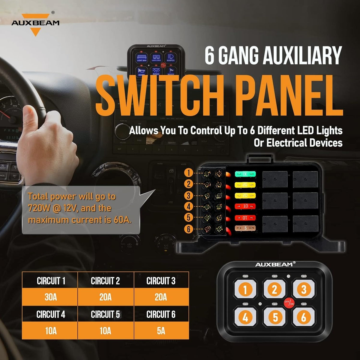 Auxbeam 6 Gang Switch Panel BC60 Universal Circuit Control Relay System Automatic Dimmable LED Switch Pod Touch Control Panel Switch Box for Car Truck Pickup Boat UTV SUV - Blue, 2 Years Warranty