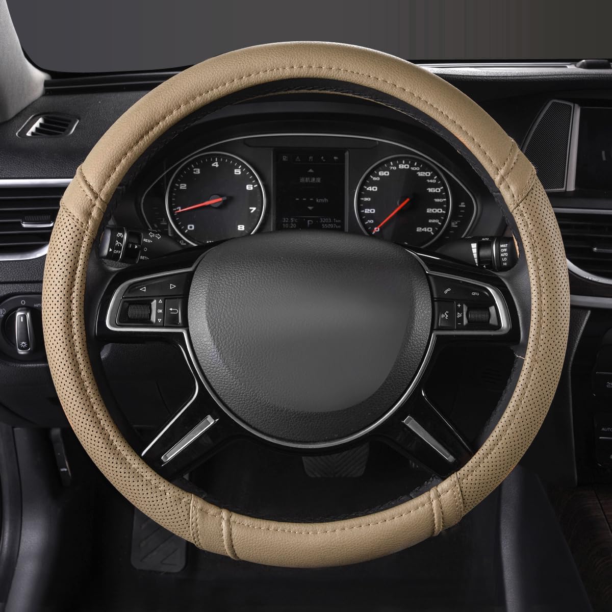Car Pass Classical Leather Automotive Universal Steering Wheel Covers,Universal Fit for Suvs,Trucks,Sedans,Cars,Vans,14.5-15inch Anti-Slip Safety Comfortable Desgin(Beige)