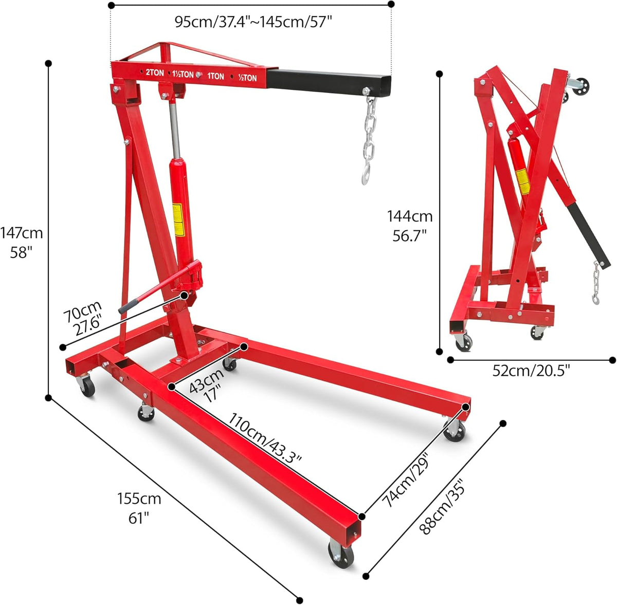 2 Ton Folding Hydraulic Engine Hoist with Leveler, 4000 LBS Heavy Duty Steel Shop Crane Lift with Adjustable Boom and 6 Caster Wheels, Portable Cherry Picker Motor Hoist for Garage, Workshop