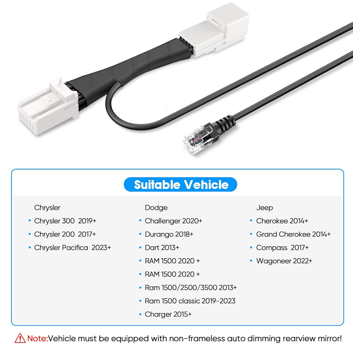 Radar Detector Power Adapter RJ11 Plug (10P Type C) Compatible with Dodge RAM,Charger,Challenger,Grand Cherokee,Chrysler,with Auto-dimming Rearview Mirror,Radar Detector Adapter Cable,Clean Install