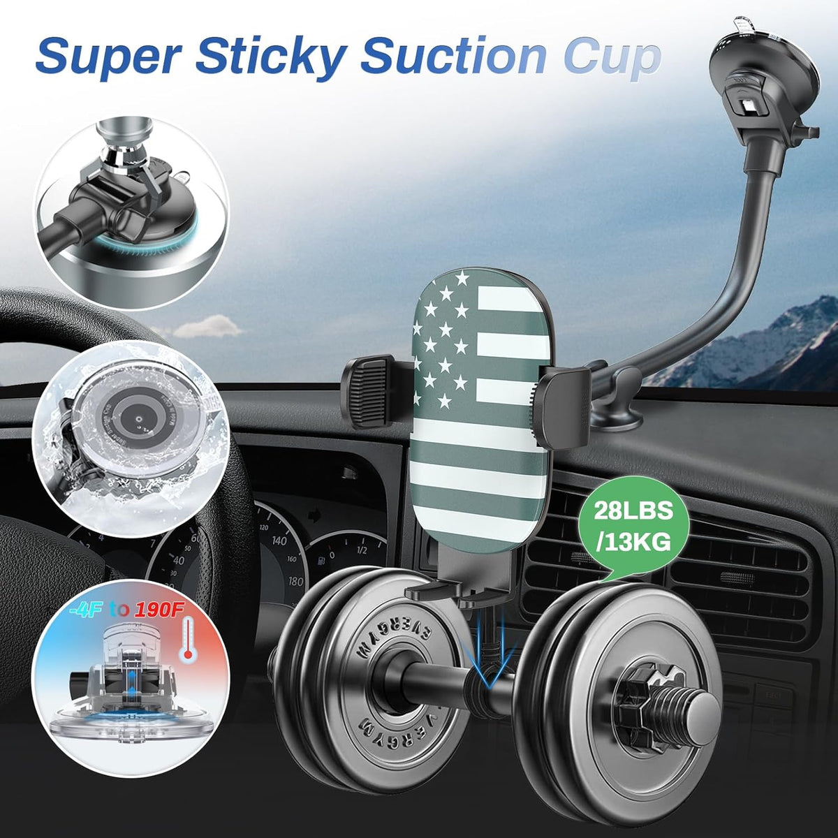 OQTIQ Phone Mount for Car [Gooseneck 13" Long Arm] Car Phone Holder for Dashboard, Windshield, Strong Suction Cup Cell Phone Holder for Car Truck (Patriotic Flag)