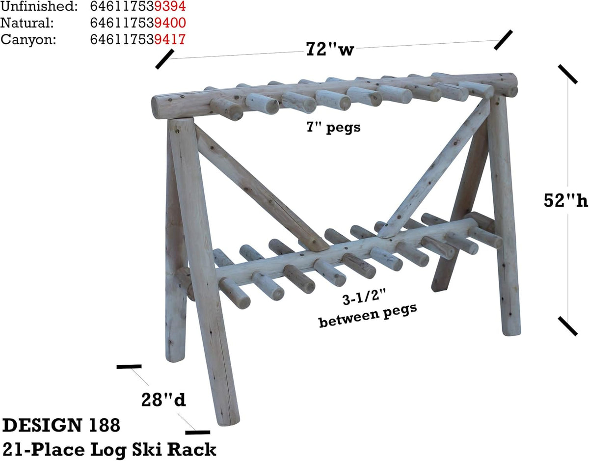 21-Place Freestanding Log Ski Rack Holder, Indoor & Outdoor Snowboard Racks, Standing Storage, Garage Racks for Snow Skis & Poles, Snowboard Rack Garage Storage Organizer - Natural + 15" Anchor Kit