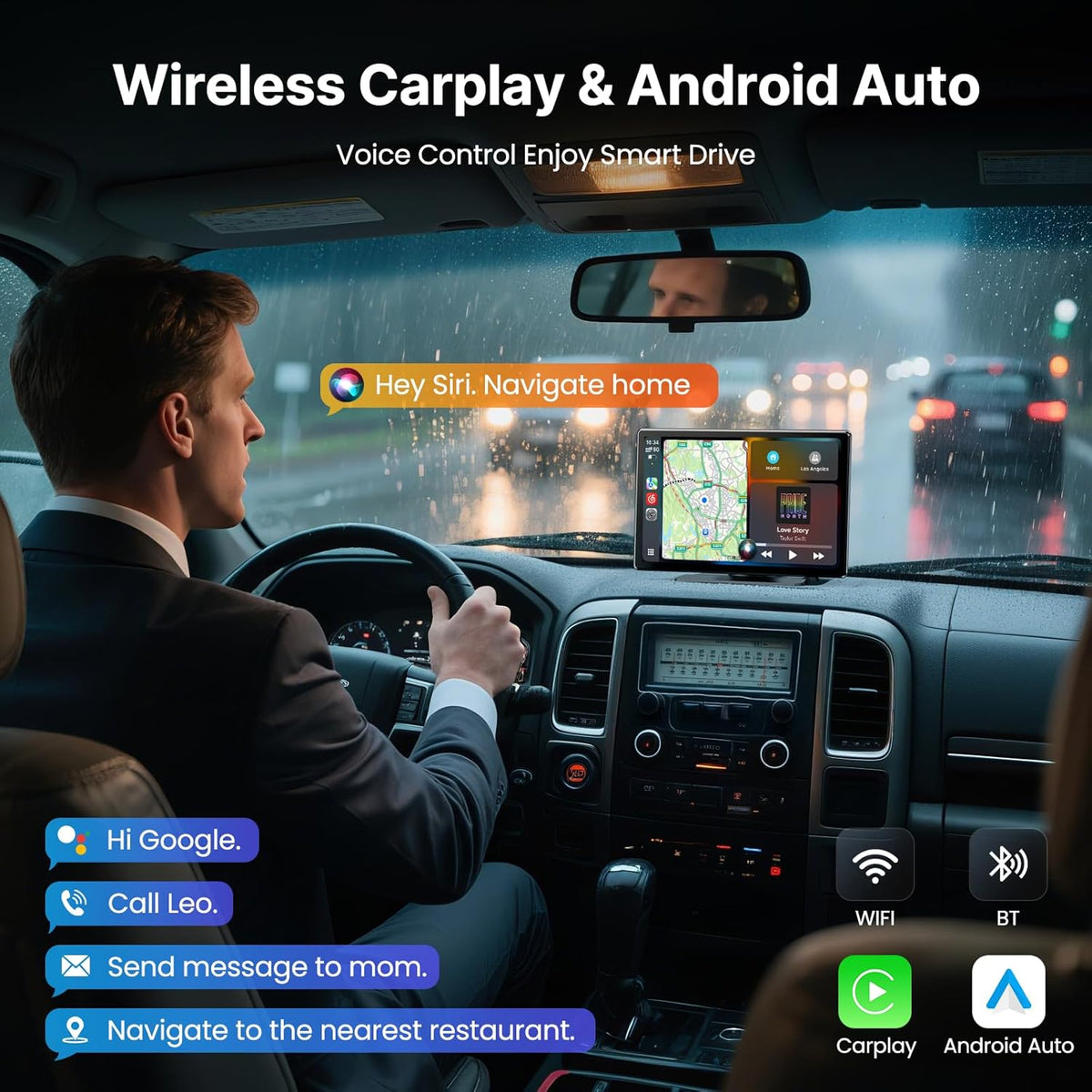 9''HD Wireless Carplay Screen For Car 4K Dash Cam&1080P Backup Camera With Apple Carplay&Android Auto Voice Control GPS DVR Call Music Message Mirror Link Airplay/Android Cast Fit Pickup Truck SUV MPV