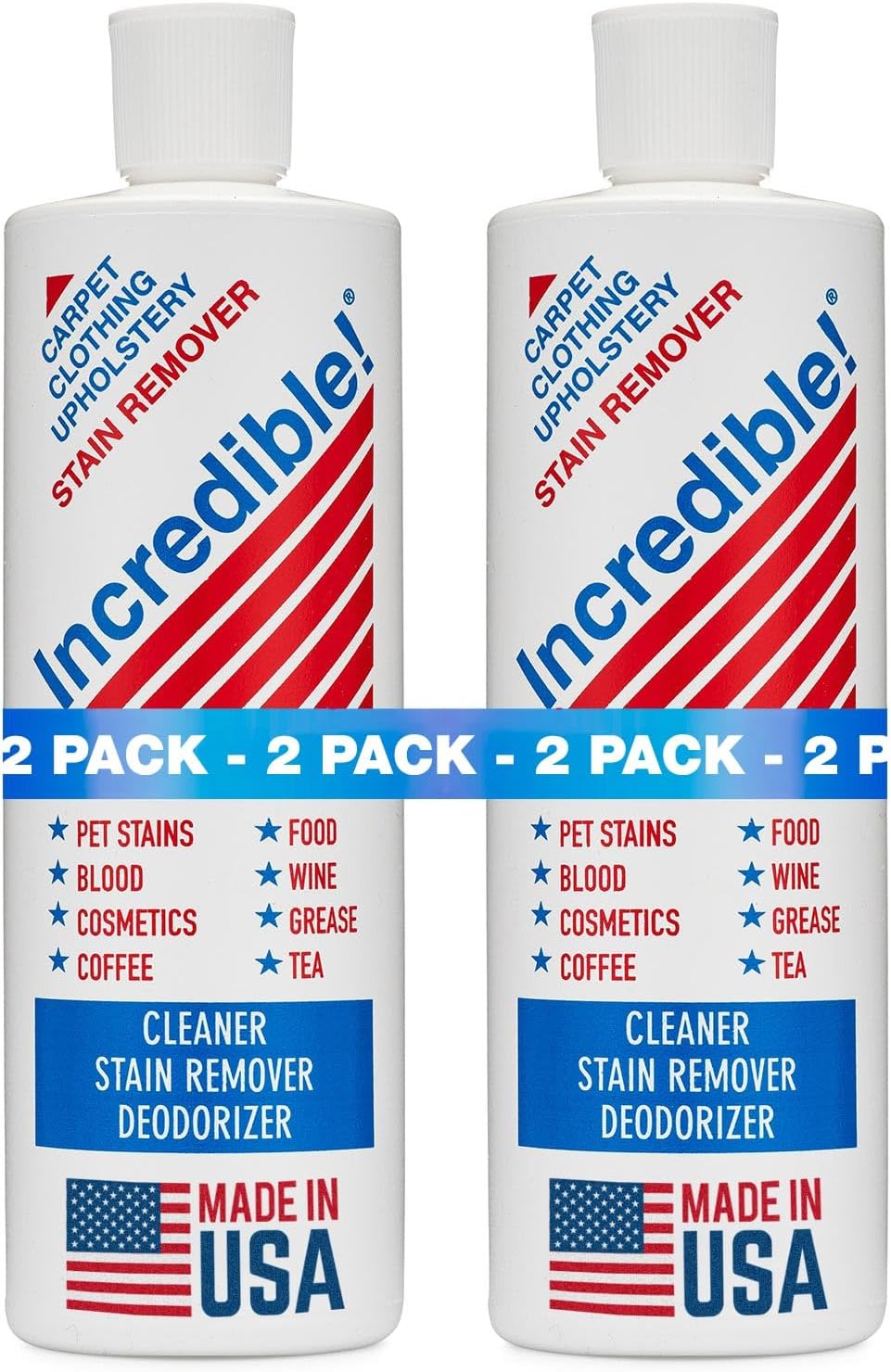 INCREDIBLE! Stain Remover - Instant Spot Remover For New and Old Stains - Blood, Red Wine, Coffee, Urine, Cosmetics, Pet Stains and Odor Eliminator - Carpets, Mattress, Laundry, 16.oz (2 Pack)