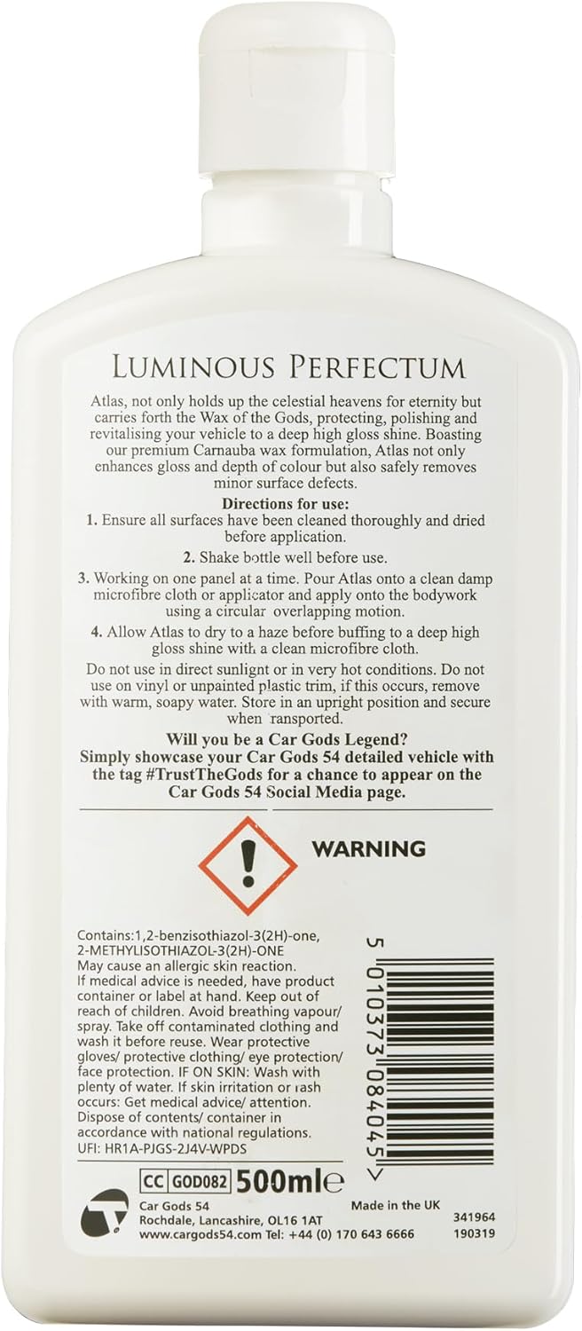 Car Gods Carnauba Wax Ultimum Perfectum, 17fl Oz - High Gloss Vehicle Shine Removes Minor Surface Defects Super Smooth Finish Hydrophobic Protection Beading Water Repelling Dirt Easy Use