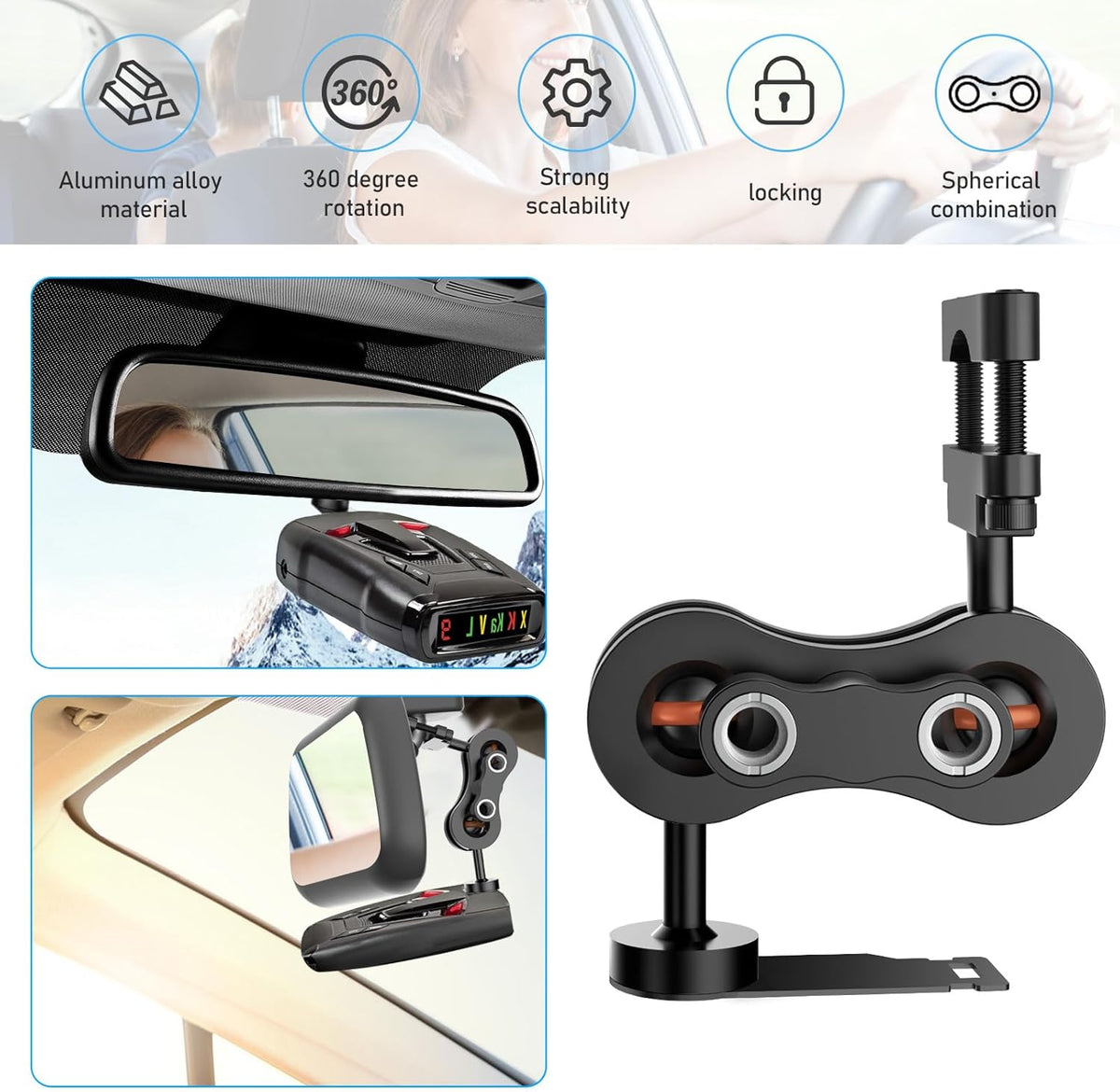 Radar Detector Mount,Aluminum Rearview Mirror Rod Radar Bracket,for All Whistler Radar Models