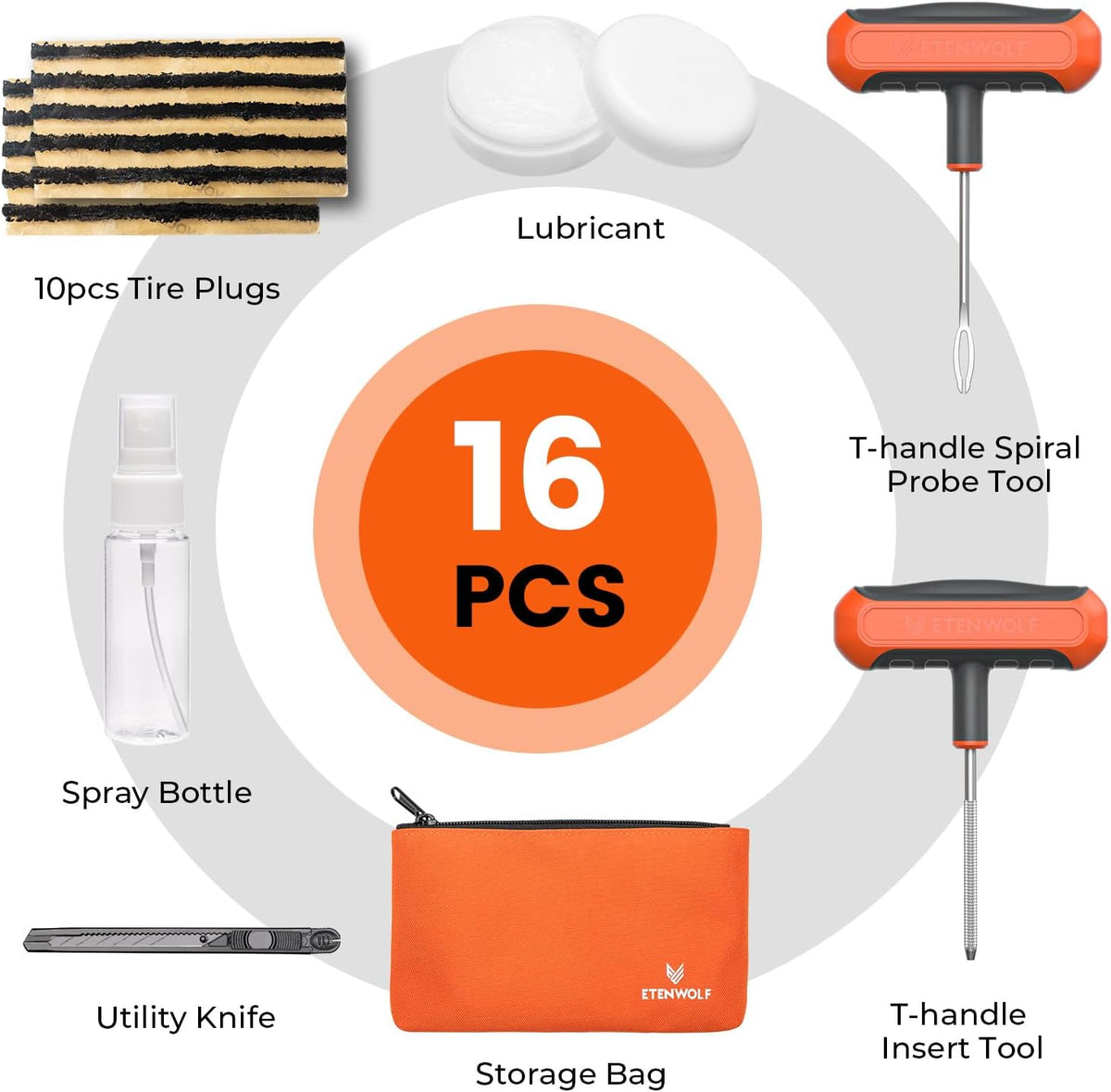 ETENWOLF Flat Tire Repair Kit with Plugs 16 Pcs, Heavy Duty Tire Plug Kit for Car, Motorcycle, ATV, Jeep, Truck, Tractor (Vivid Orange)