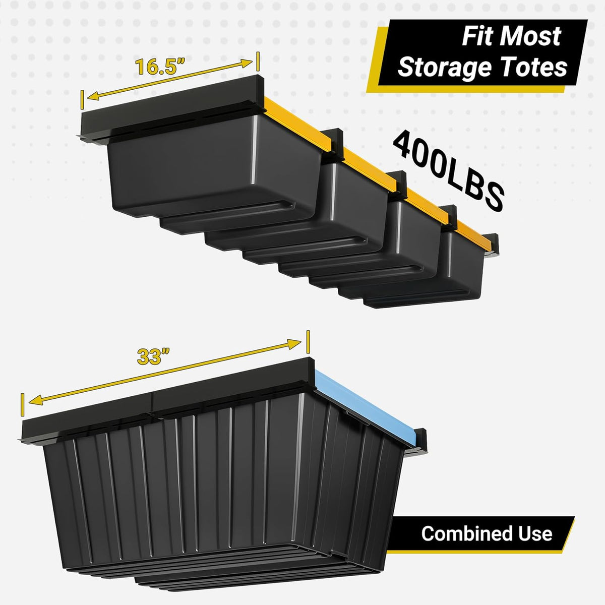 Overhead Garage Storage Rack 4-Bin, Heavy Duty Ceiling Racks w/ 400 LBS Load Capacity for Utility Bin, Powder Coated Tote Rack for Garages, Sheds, Storerooms,(5 PCS, for 4 Bins)