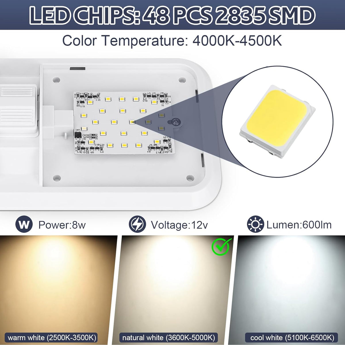 1 Pack RV Lights Interior 12V Led 8W Ceiling Double Dome Camper Light 600 Lumen Brightness Light Fixture for RV Camper Trailer Boat Car, Natural White 4000-4500K, 48 X 2835 SMD LED