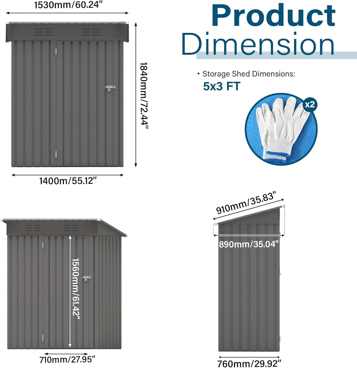 5X3 FT Metal Outdoor Storage Shed, Waterproof Tool House with Pitched Roof and Lockable Door, Weather-Resistant Garden Sheds for Backyard, Patio, Sundries and Bike Storage, Gray