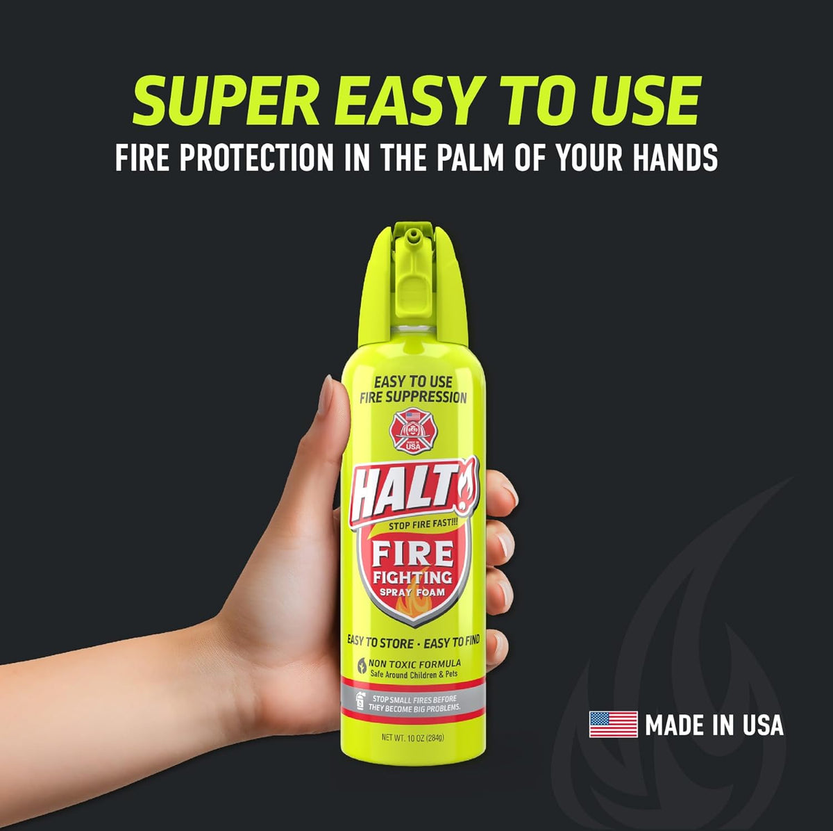 HALT! Fire Fighting Foam Spray – Non-Toxic, PFAS Free, Easy to Use, Store, and Find in Emergency – Compact & Portable – Ideal for Home, Kitchen, Apartment, Car, BBQ, Tailgate – Made in USA (4-Pack)