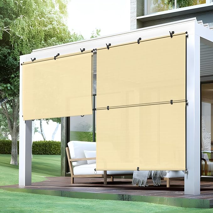 Bynbbur 4'W x 12.5'H Outdoor Patio Shades Foldable Roller Blinds, 220 GSM Sun Shade Roll Up Porch Screens Exterior Shade Cloth for Deck Pergola Backyard, Beige