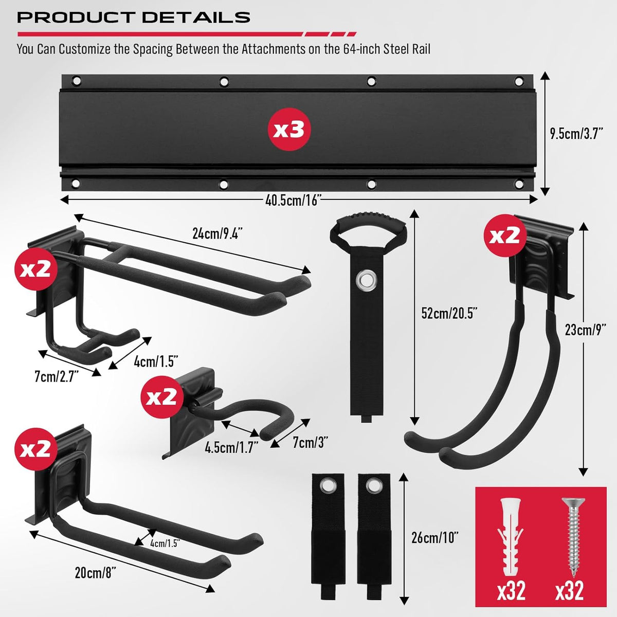 48" Heavy Duty Garage Wall Organizer, Wall Mount Tool Storage Rack with Adjustable Hooks, Garden Tool Organizer Hold Up to 300lbs, Easy Installation (3 Panels, 8 Hooks, 3 Straps)