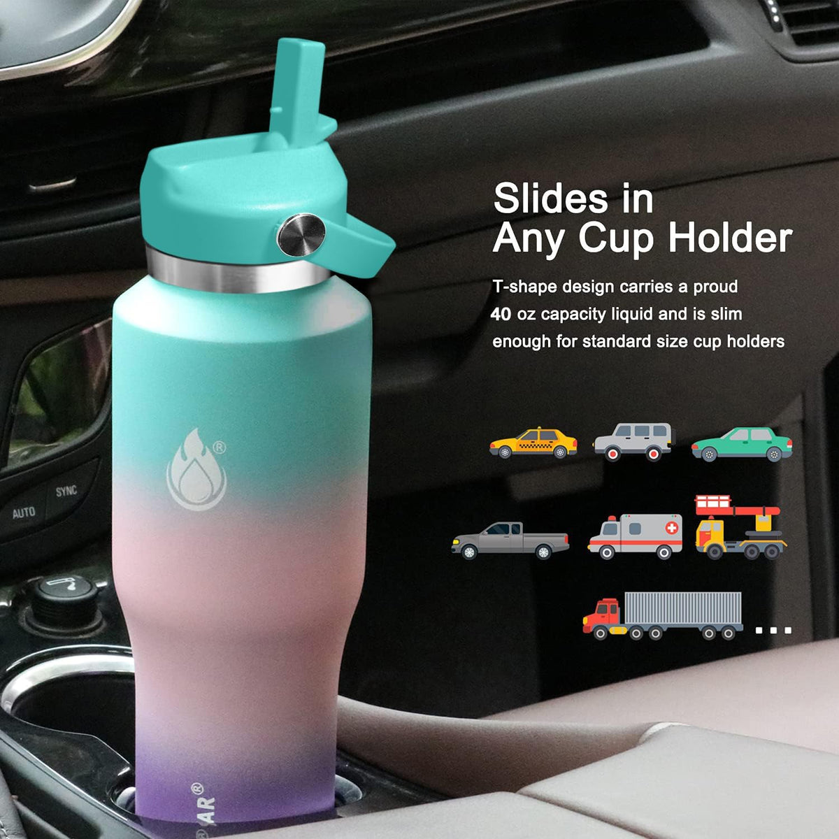 SENDESTAR 40oz Stainless Steel Water Bottle(Cold for 48 Hrs, Hot for 24 Hrs),Double Wall Vacuum Insulated Bottle with Straw Lid, Spout Lid and Flex Cap, Fit in Any Car Cup Holder