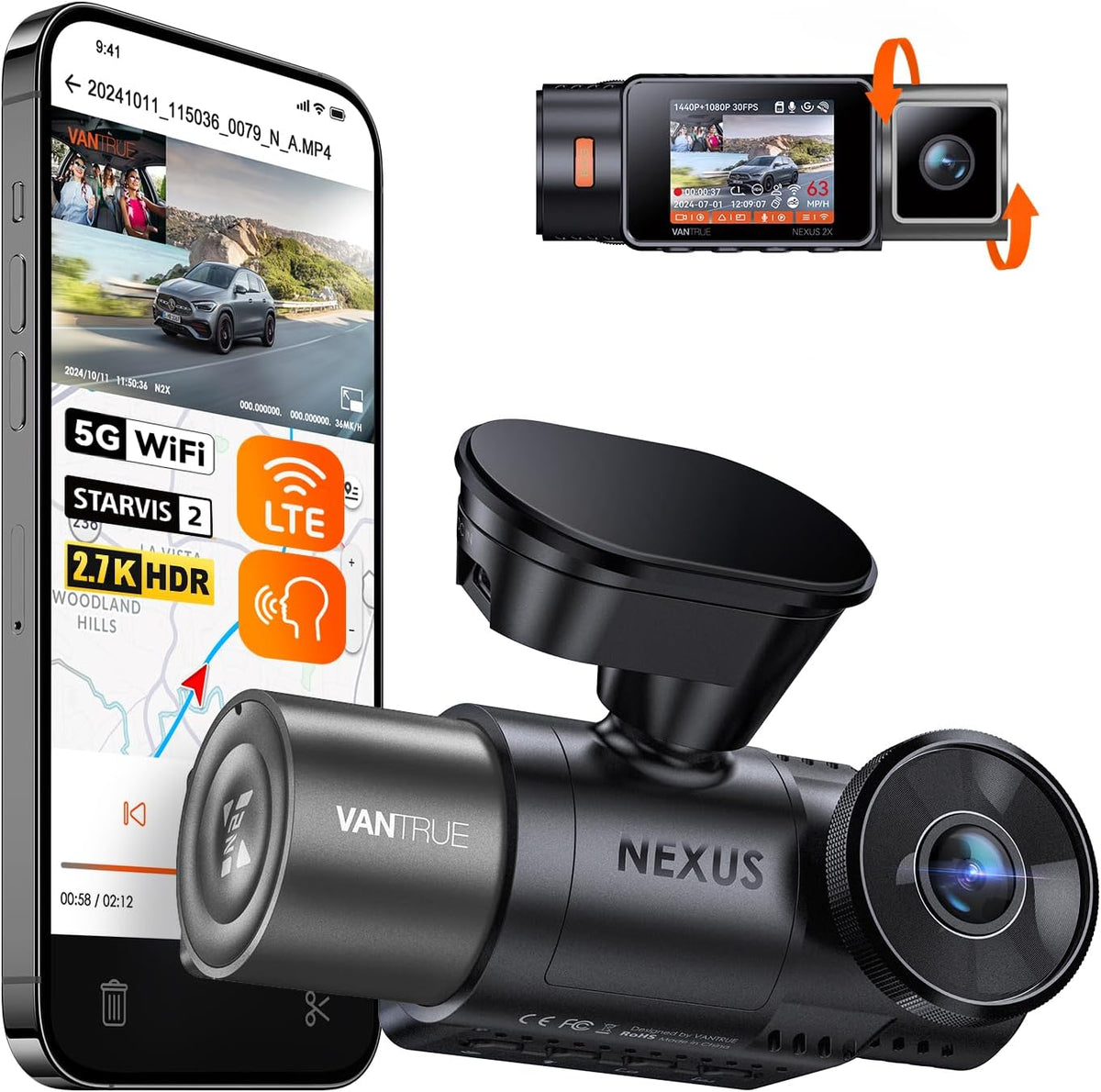 Vantrue N2X 2.7K Uber Dash Cam Front and Inside, 5G WiFi Dual Dash Camera for Car with HDR IR Night Vision, STARVIS 2, GPS, 2.5K/60FPS, LTE Support, 24/7 Parking Mode, Voice Control, Support 512GB Max