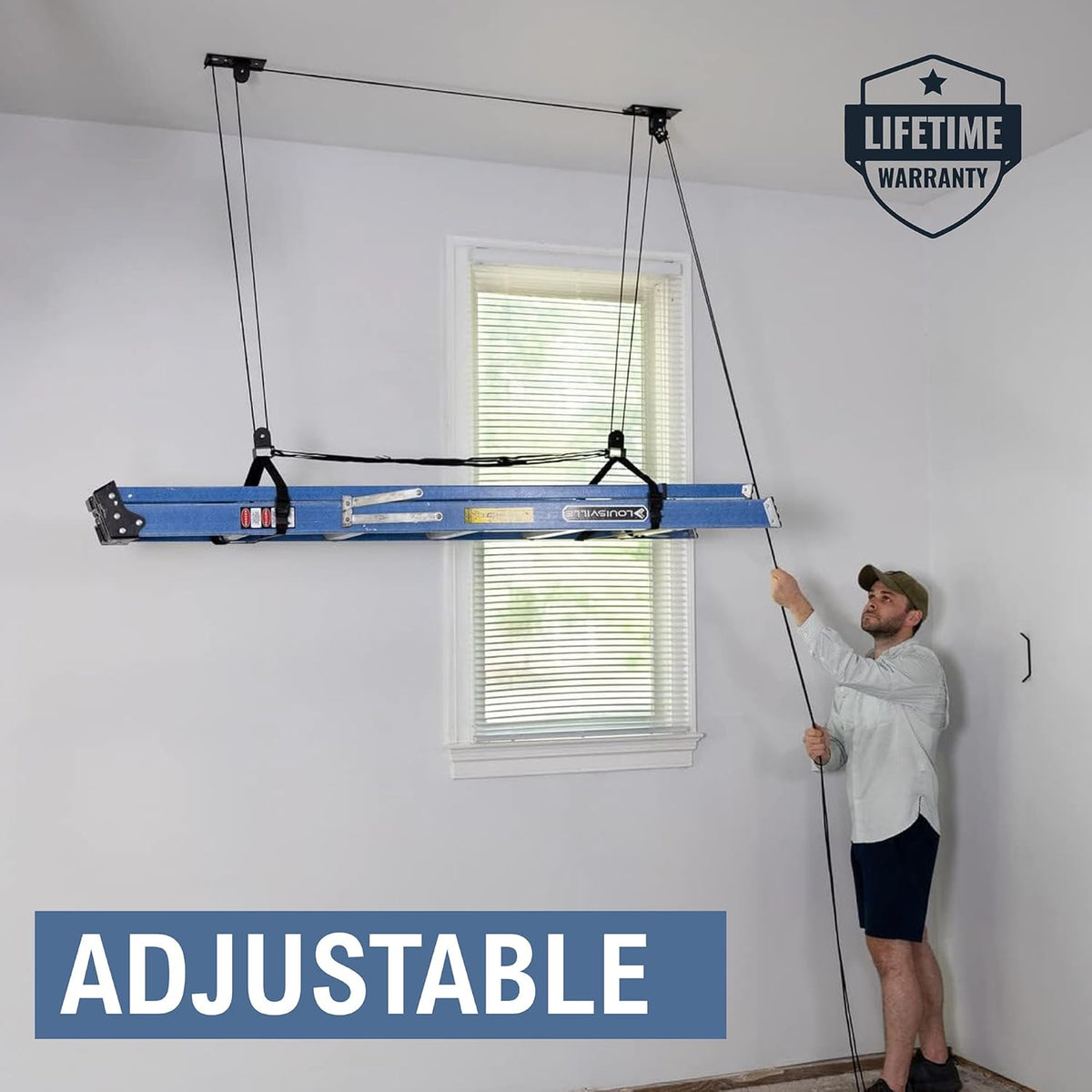 StoreYourBoard Ladder Storage Ceiling Pulley System, Garage Mount Hoist, Heavy Duty Hanging Organizer Holds 150 lbs