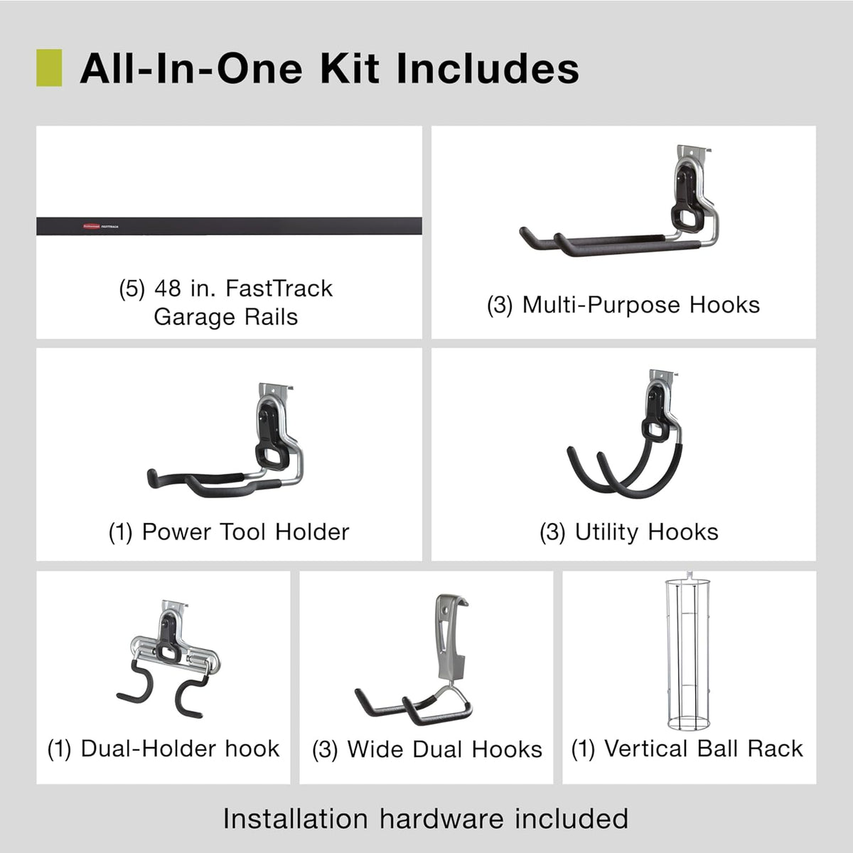 Rubbermaid 20-Piece FastTrack Garage Wall-Mounted Storage Kit 5 Rails and 15 Hooks for Home/House/Tool/Sports/Utility Purposes