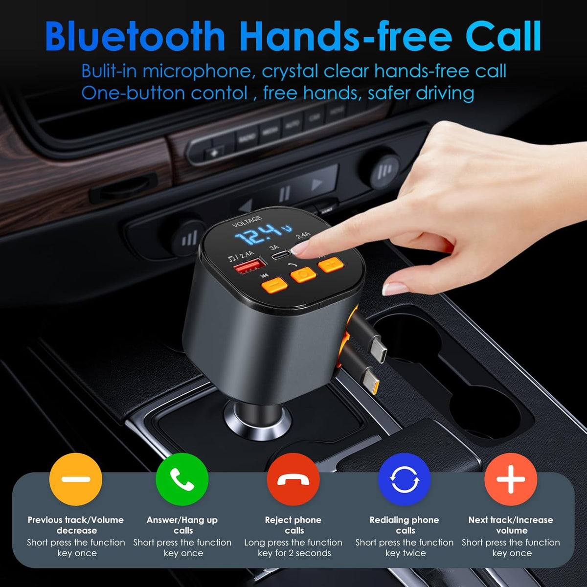 Retractable Car Charger,5 in 1 Fast Car Phone Charger 90W,Bluetooth 5.3 FM Transmitter Adapter,Handsfree Call,2 Retractable USB-C Cables and USB Cars Chargers for iPhone 16/15/14/13/12/11,Galaxy,Pixel