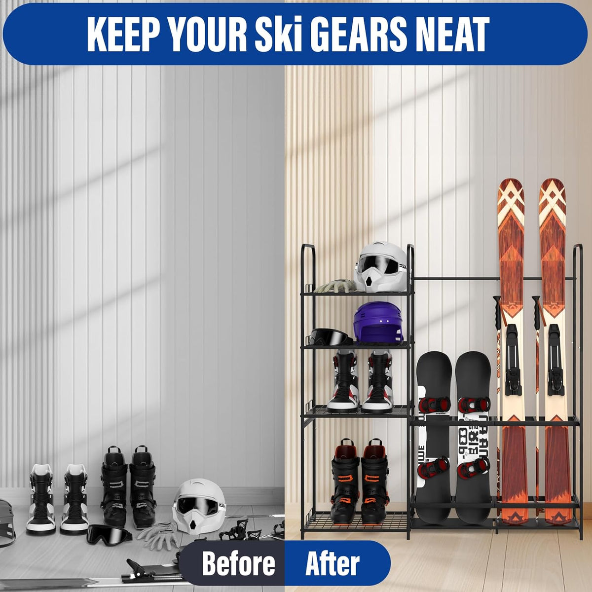 Ski Rack for Garage Freestanding Ski Storage Rack Metal Ski Holders with Storage Shelf Heavy Duty Floor Stand Ski Organizer for Snowboard Ski Poles Ski Boot Goggles Helmet