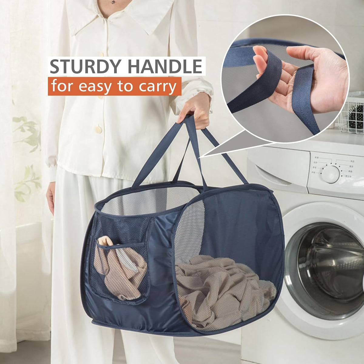 HONOMA Sturdy Mesh Laundry Hamper Basket Bag,Pop up Basket with Side Pocket for Laundry Room, Bathroom, Kids Room, College Dorm or Travel (Pop Horizontal, Navy Blue)