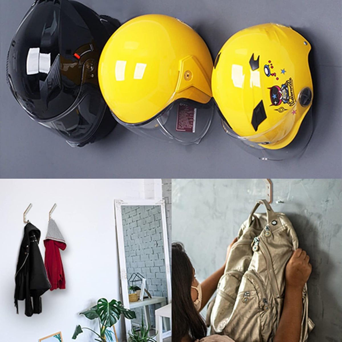 EBaokuup 6 Set Helmet Holder - Wall Mounted Motorbike Helmet Storage Rack with Mounting Screws (6 Hooks + 12 Screws)