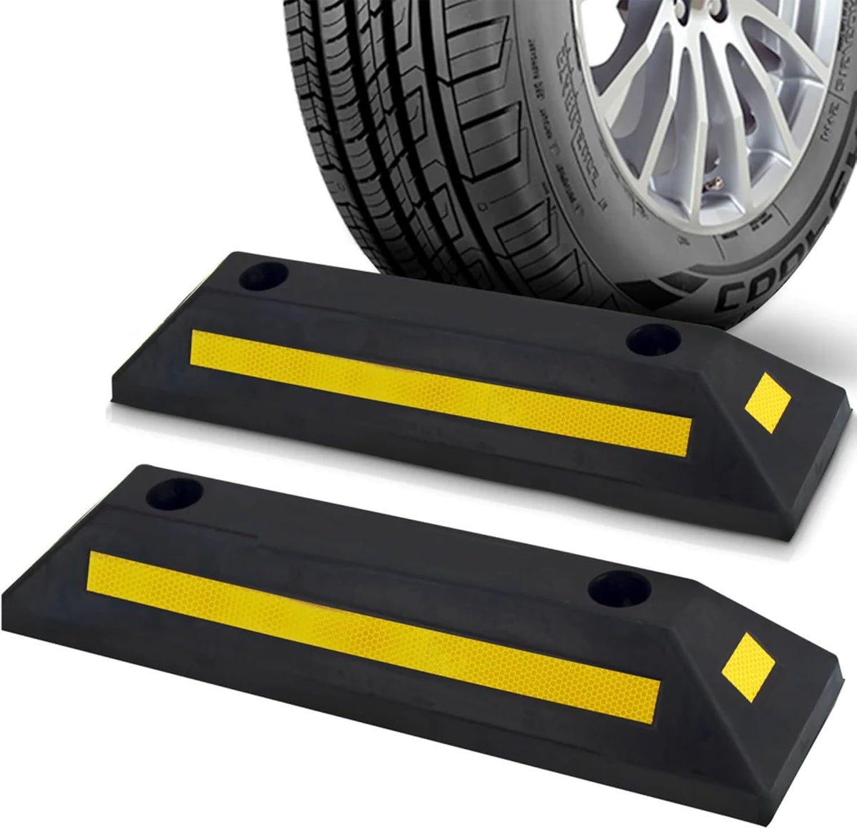 Pyle 2-Pack Heavy Duty Rubber Wheel Stops for Garage Parking – Durable, High-Visibility Tire Blocks for Cars, Trucks, Vans, RVs, Trailers, Forklifts – Reflective Safety Strip Included